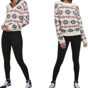 PINK Victoria's Secret Reversible Snowflake V-Neck Cream Multi Knit Sweater Sz L